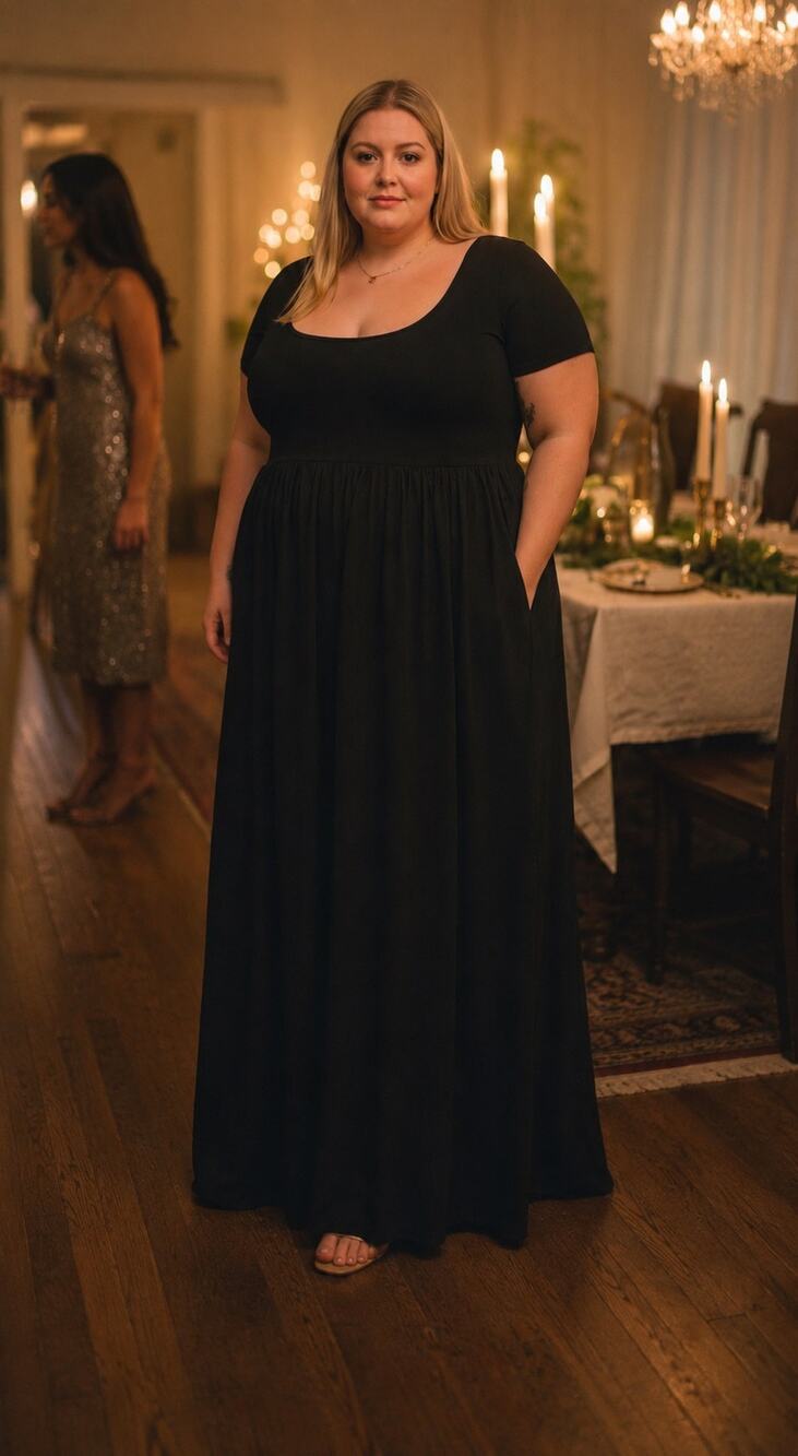 MARCELLA NYC Innogen Jersey A-Line Pocket Fit Flare Maxi Dress Black Size Large
